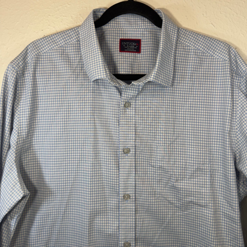 UNTUCKit Mens XL Slim Fit Wrinkle Free Gingham Button Down Shirt Blue White